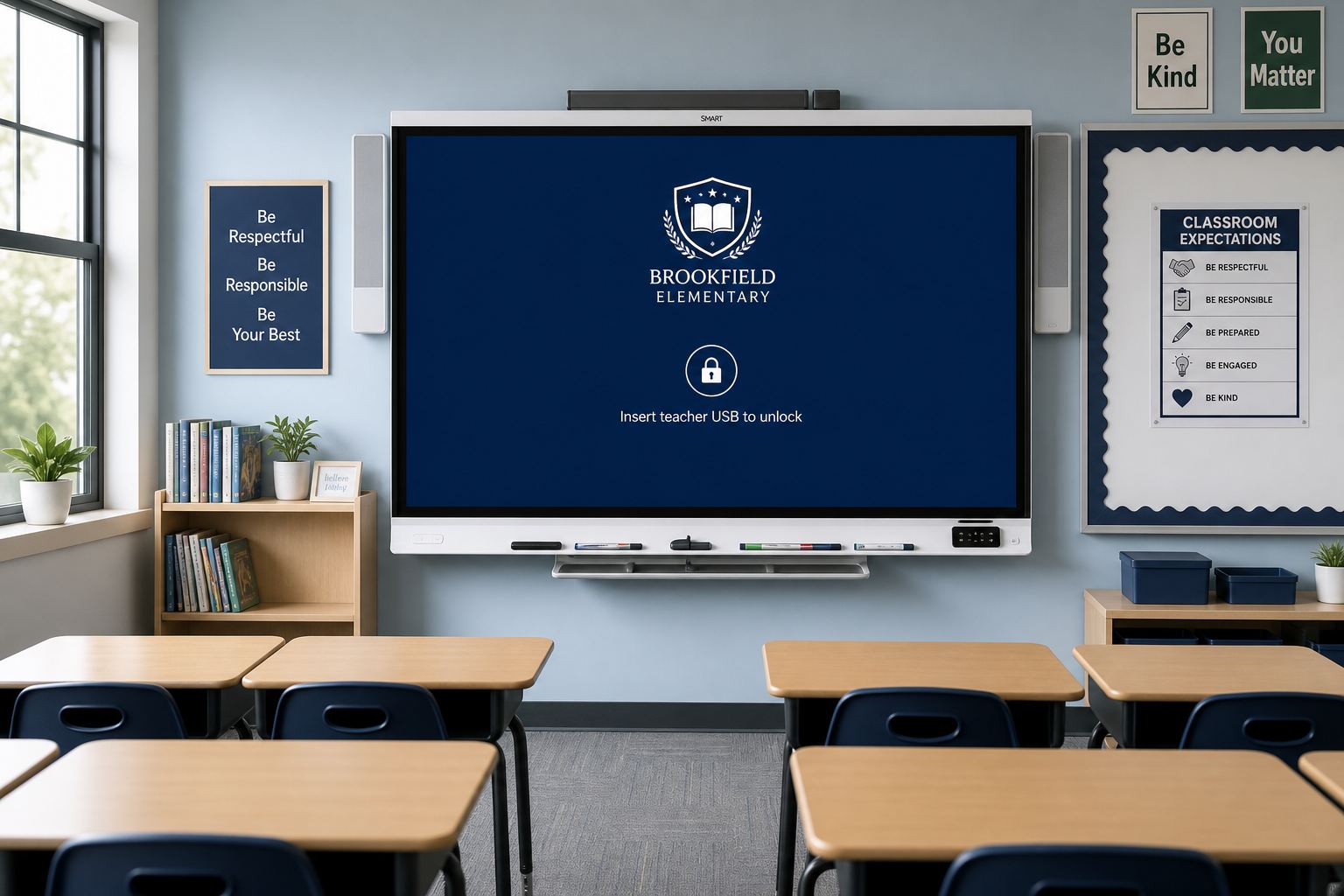 Classroom SMART board showing a locked teacher-USB screen