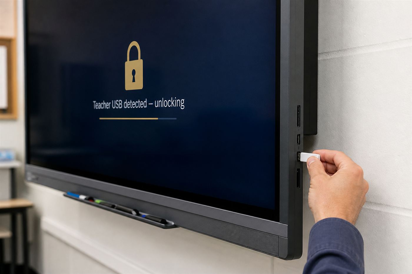 Teacher inserting a USB key into a SMART board to unlock browsing